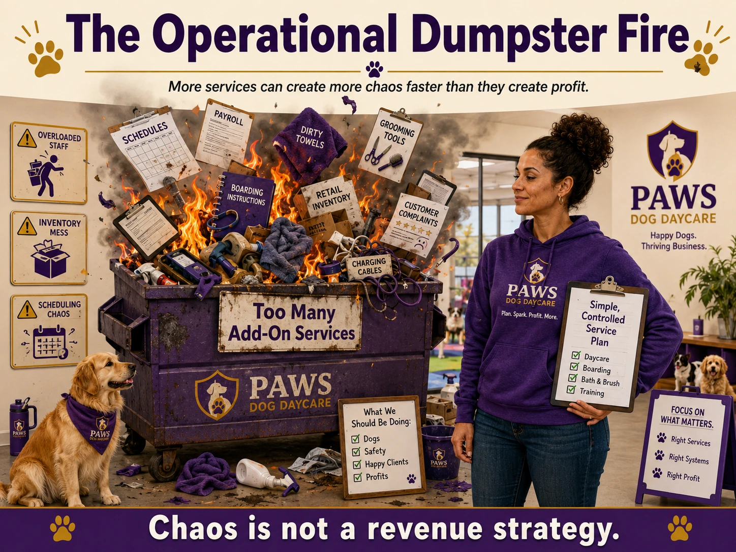 Flaming dumpster labeled too many add-on services filled with schedules, payroll, towels, equipment, inventory, complaints, and charging cables.