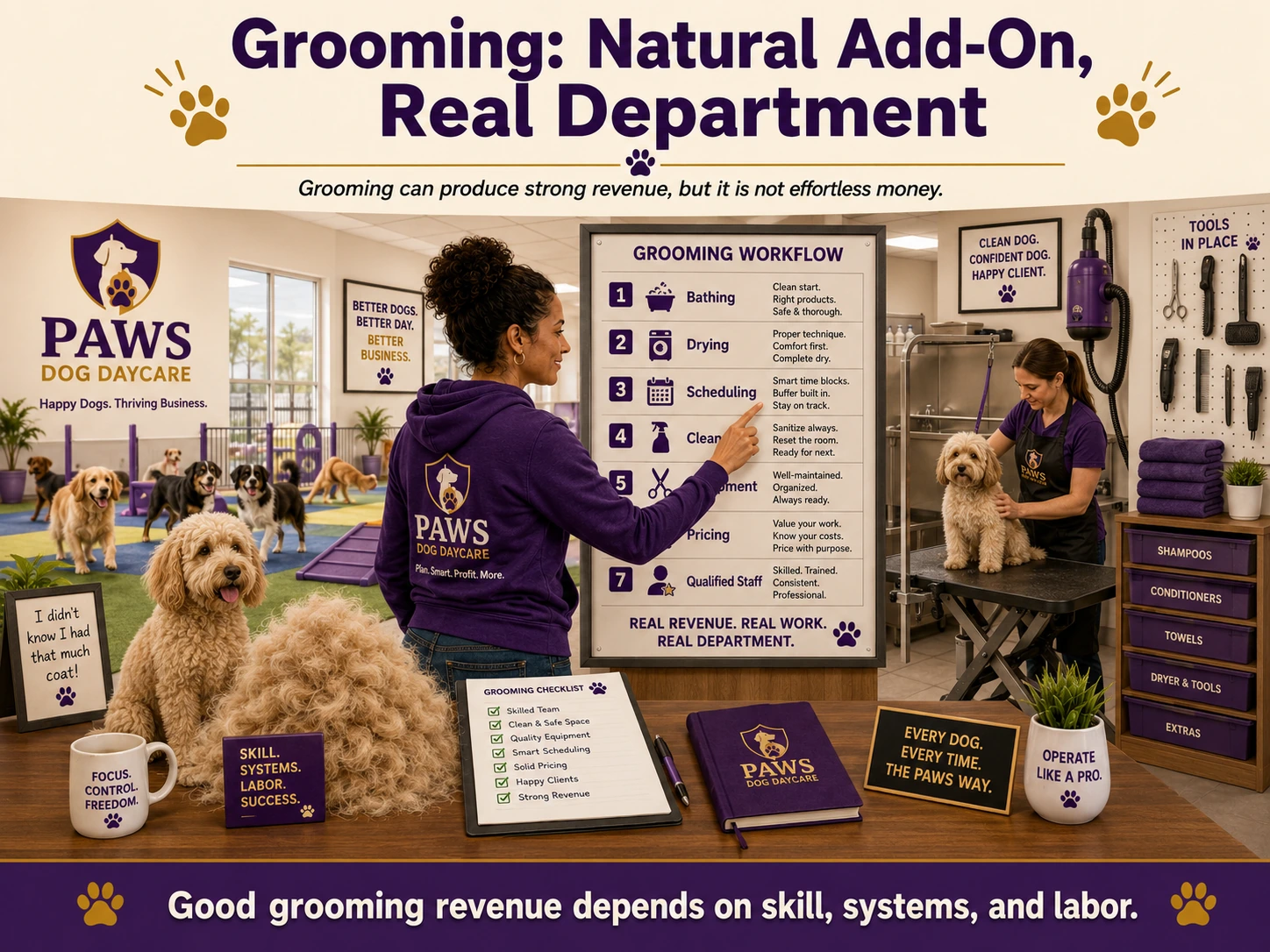 PAWS consultant presenting a dog grooming workflow covering bathing, drying, scheduling, cleaning, equipment, pricing, and qualified staff.