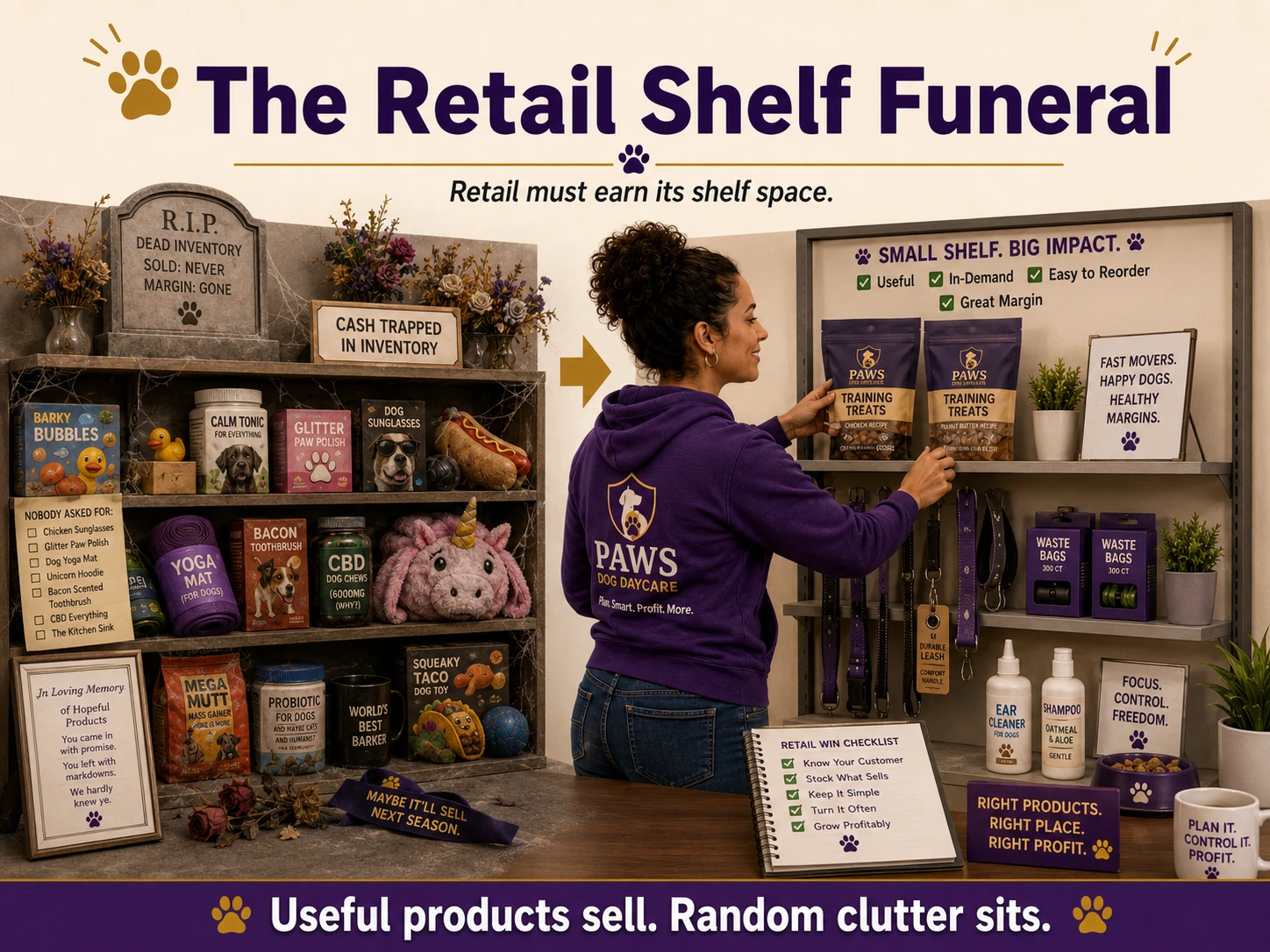 PAWS consultant replacing dusty dead dog daycare inventory with a small shelf of useful fast-moving pet products.