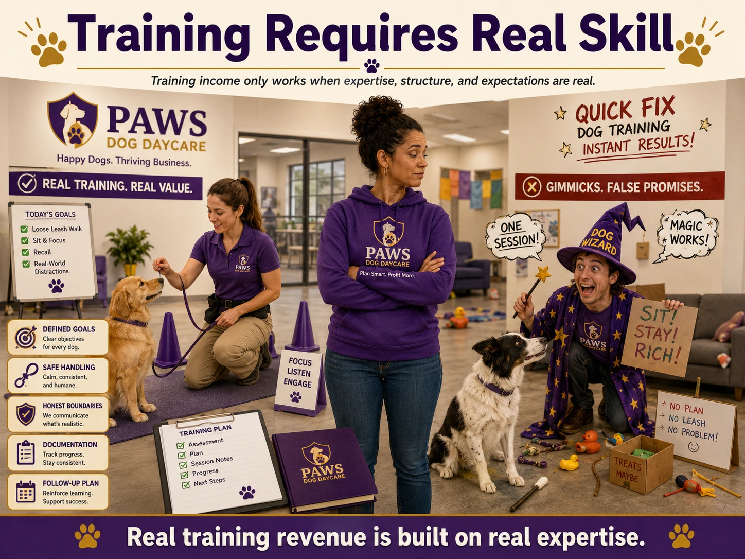 PAWS consultant comparing a qualified dog trainer with an unqualified dog wizard promising instant training results.