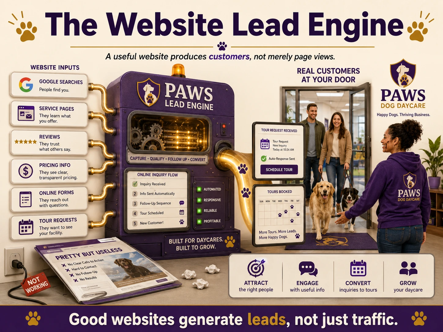 Dog daycare website lead engine converting Google searches, service pages, reviews, pricing, online forms, and tour requests into new customers.