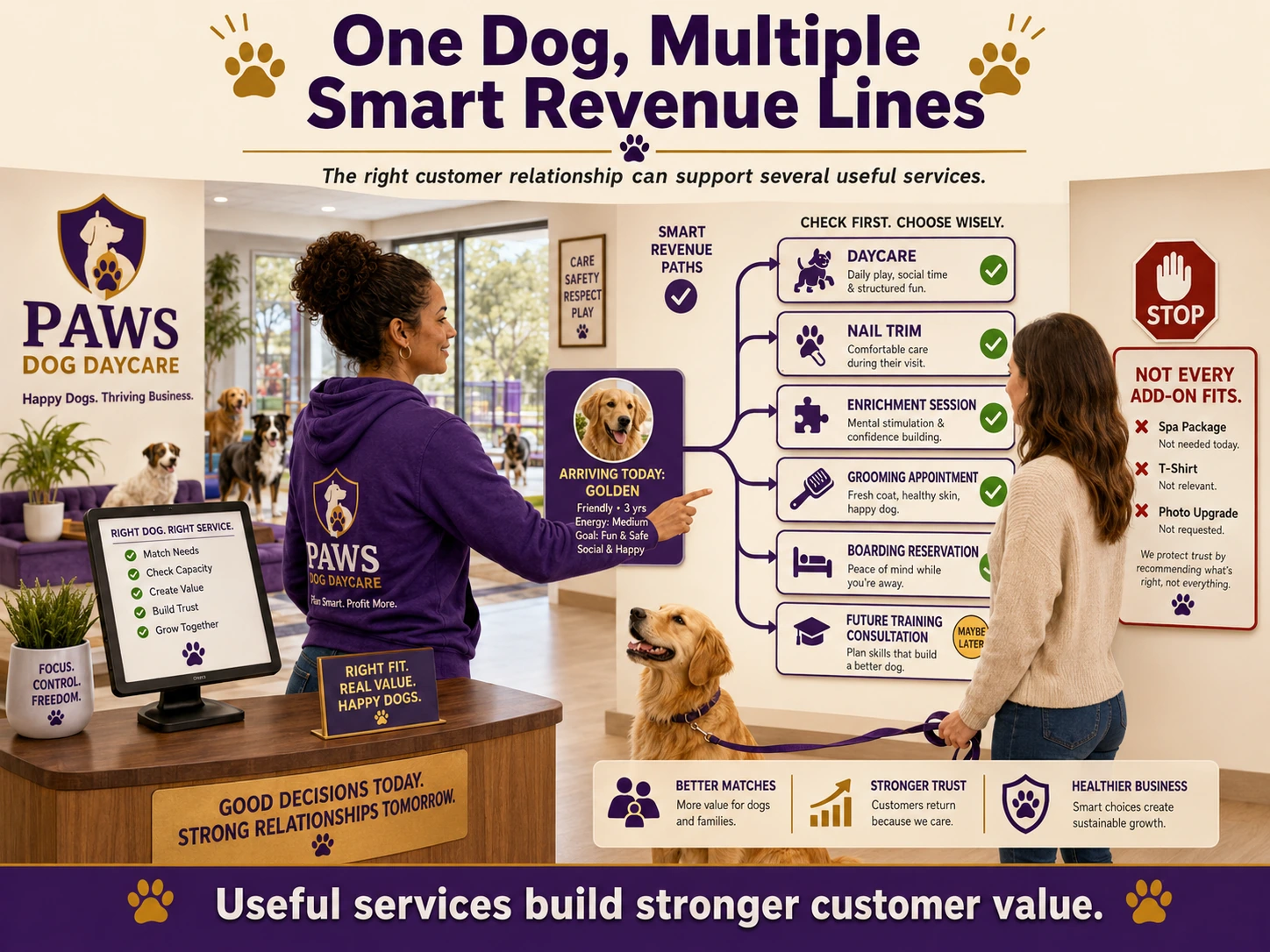 PAWS consultant showing how one daycare dog can lead to suitable services such as nail trimming, enrichment, grooming, boarding, and training.