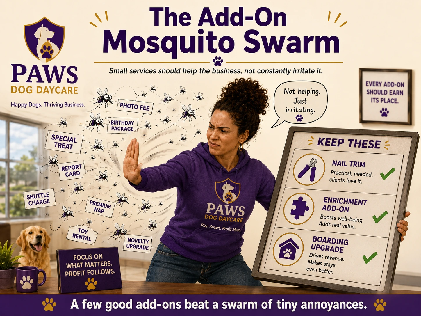 PAWS consultant swatting away a swarm of minor dog daycare add-ons while keeping useful options such as nail trims, enrichment, and boarding upgrades.