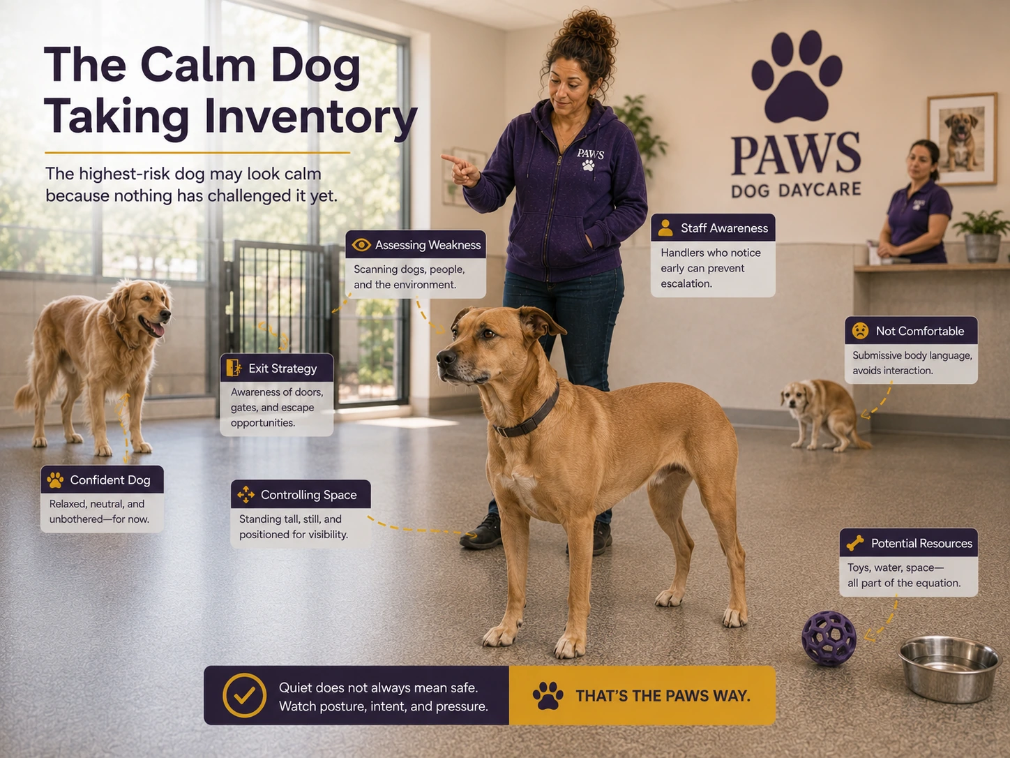 PAWS Lady watches a calm dog that is scanning the room, assessing space, exits, and vulnerable dogs while appearing neutral on the surface.
