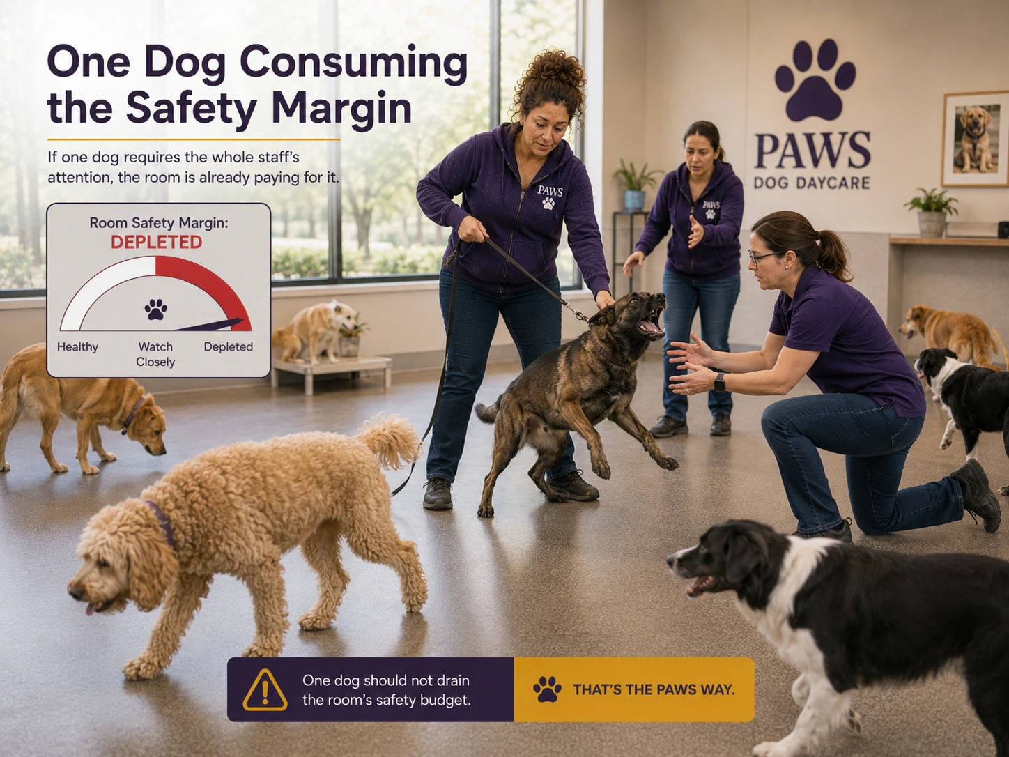 Several staff members focus on one highly reactive dog while other dogs remain in the daycare room and a gauge shows the room safety margin depleted.