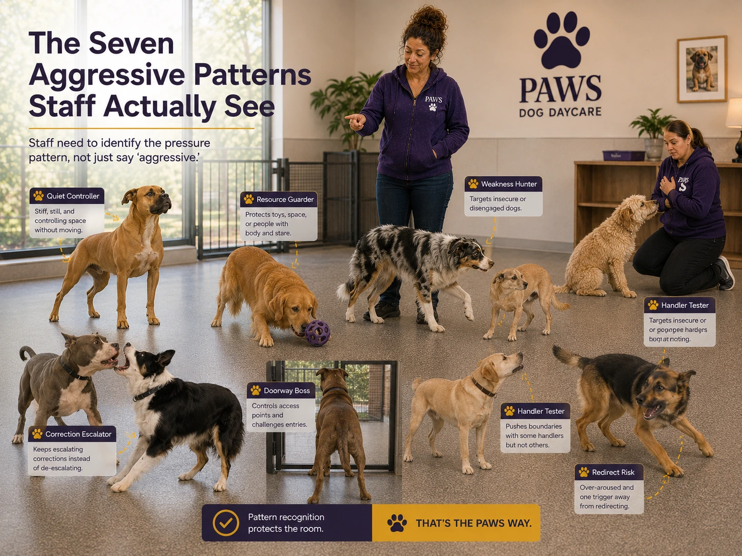 PAWS Lady reviews seven aggressive dog behavior patterns in one daycare room, including quiet controller, correction escalator, resource guarder, doorway boss, weakness hunter, redirect risk, and handler tester.