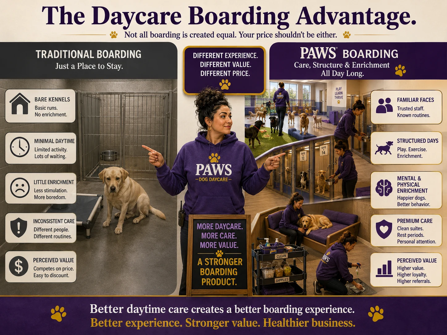 PAWS dog daycare operator compares traditional kennel boarding with a daycare-based boarding experience built around familiar staff, structured days, enrichment, premium care, and stronger perceived value.