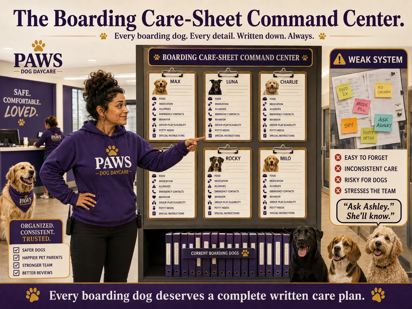 PAWS dog daycare operator points to a boarding care-sheet command center with written feeding, medication, allergy, behavior, emergency, and special-care instructions for each dog.