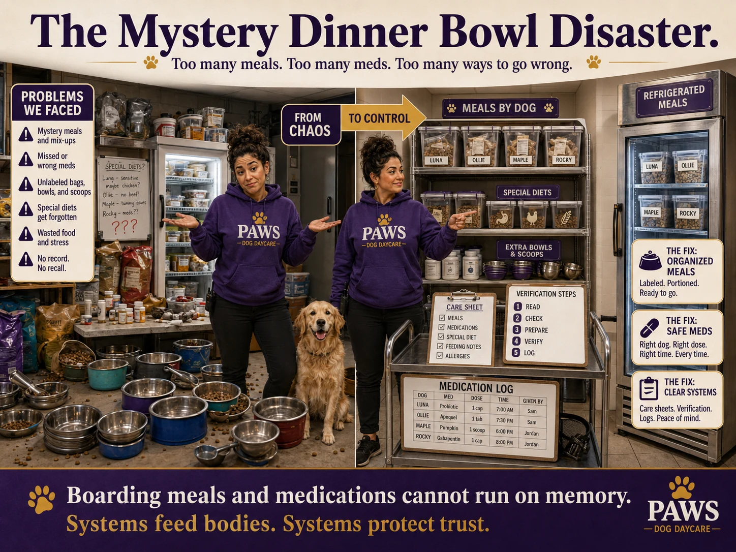 PAWS dog daycare operator compares a chaotic boarding meal and medication area with an organized system using labeled meals, care sheets, verification steps, and medication logs.