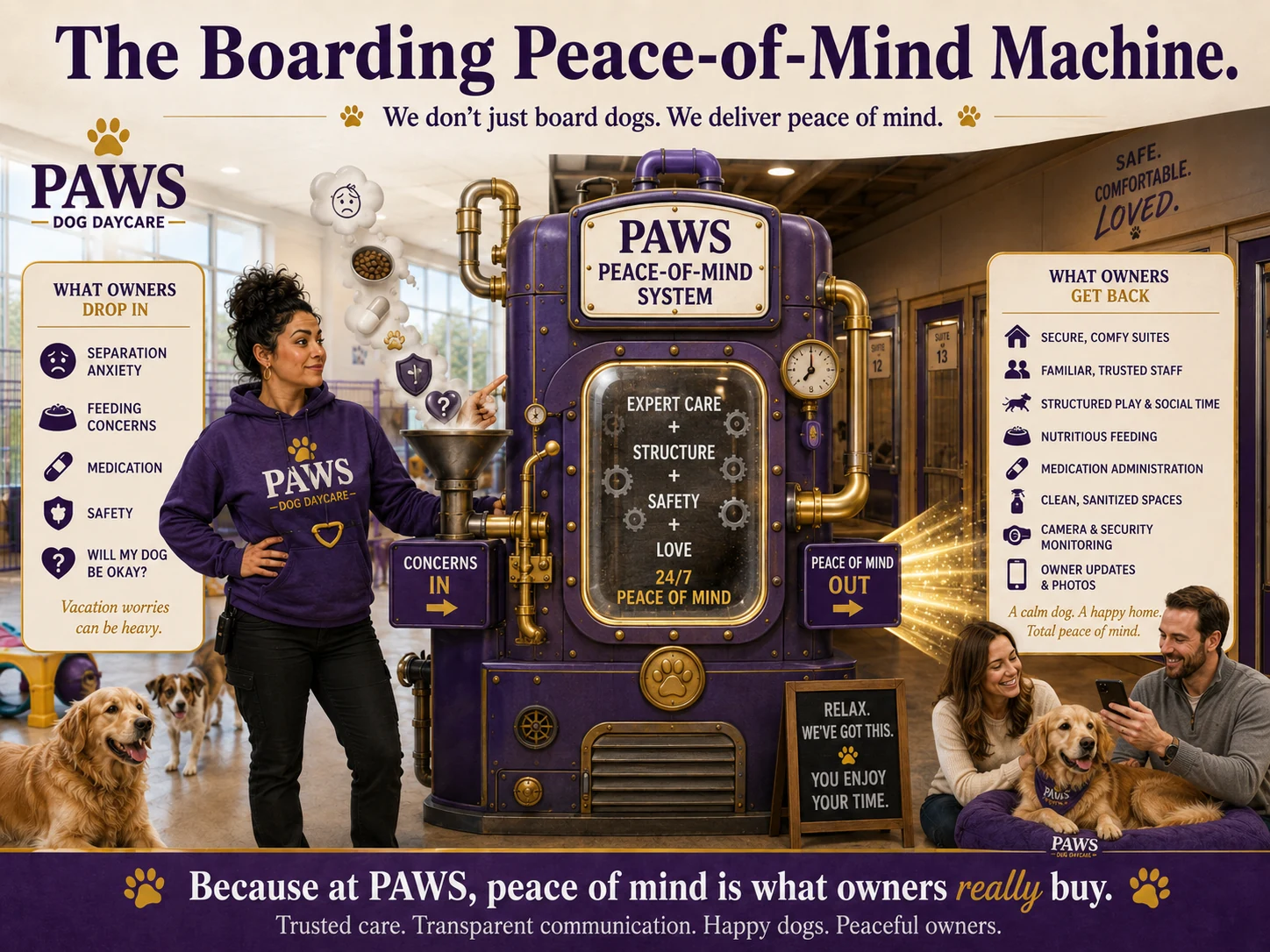 PAWS dog daycare operator demonstrates a boarding peace-of-mind system that turns owner concerns about feeding, medication, safety, and separation into structured care and updates.