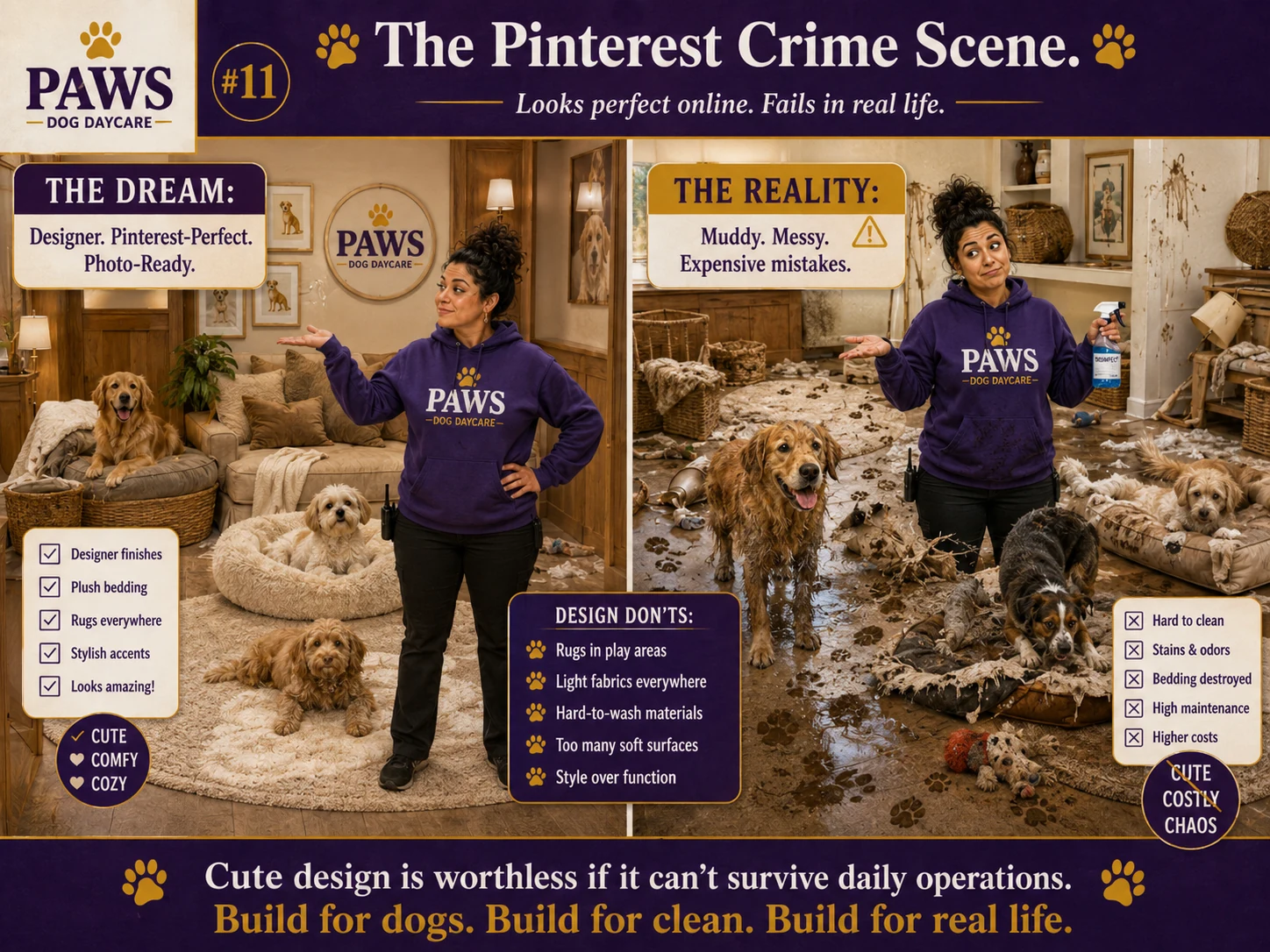 PAWS dog daycare operator compares a Pinterest-perfect boarding room with the muddy, damaged, hard-to-clean reality of daily dog care.
