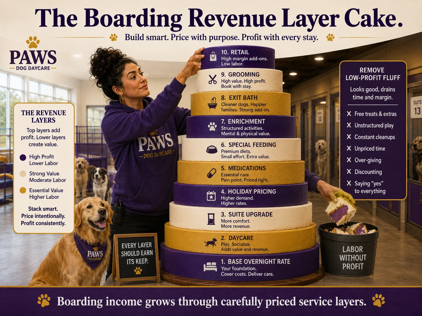 PAWS dog daycare operator stacks boarding revenue layers including daycare, suite upgrades, holiday pricing, medication, enrichment, exit baths, grooming, and retail while removing low-profit extras.