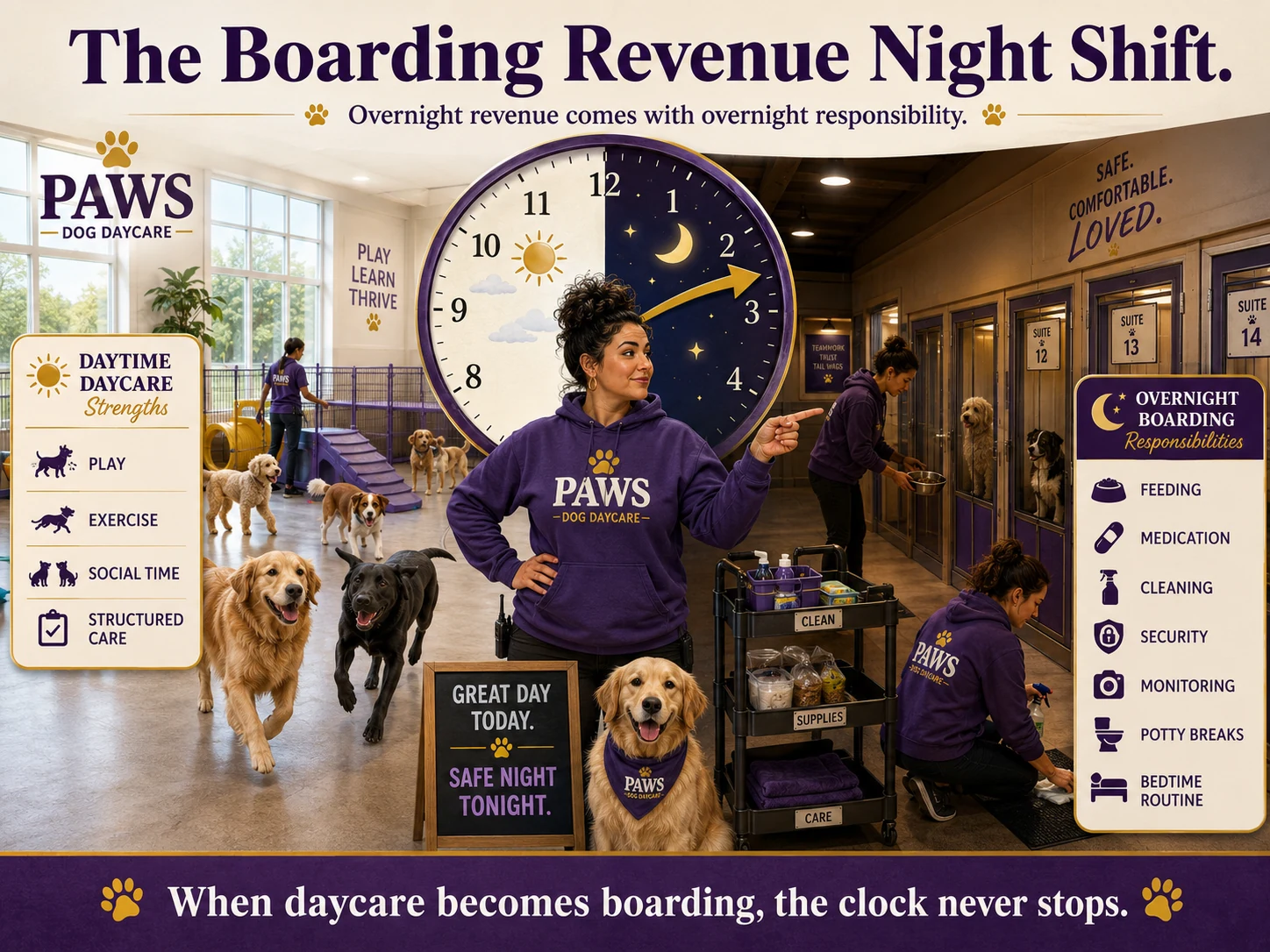PAWS dog daycare operator stands between daytime daycare and overnight boarding responsibilities, showing feeding, medication, cleaning, security, monitoring, potty breaks, and bedtime routines.