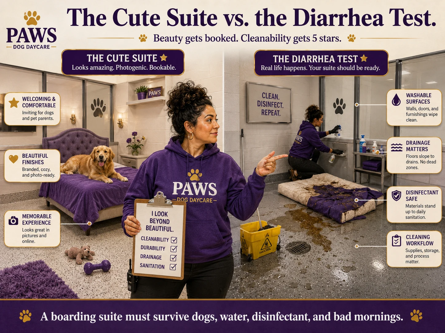 PAWS dog daycare operator compares an attractive boarding suite with the same room after a severe mess, emphasizing washable surfaces, drainage, disinfectant-safe materials, and cleaning workflow.