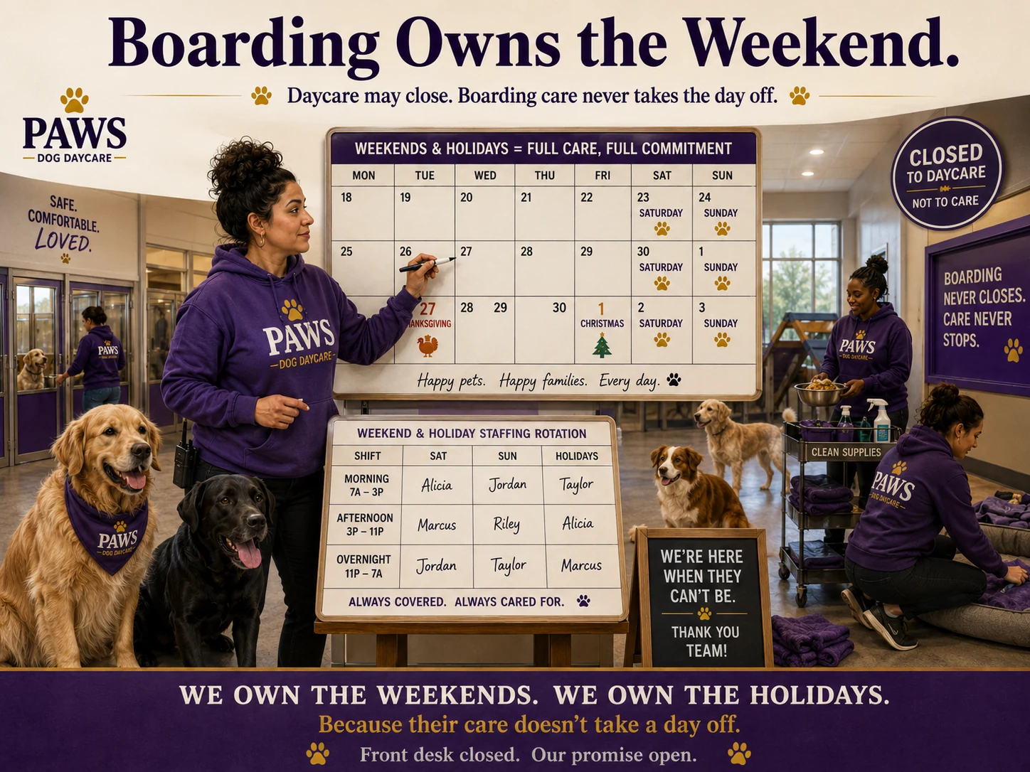 PAWS boarding team works through weekends and holidays using a staffing calendar, feeding routines, cleaning supplies, and continuous care while daycare is closed.