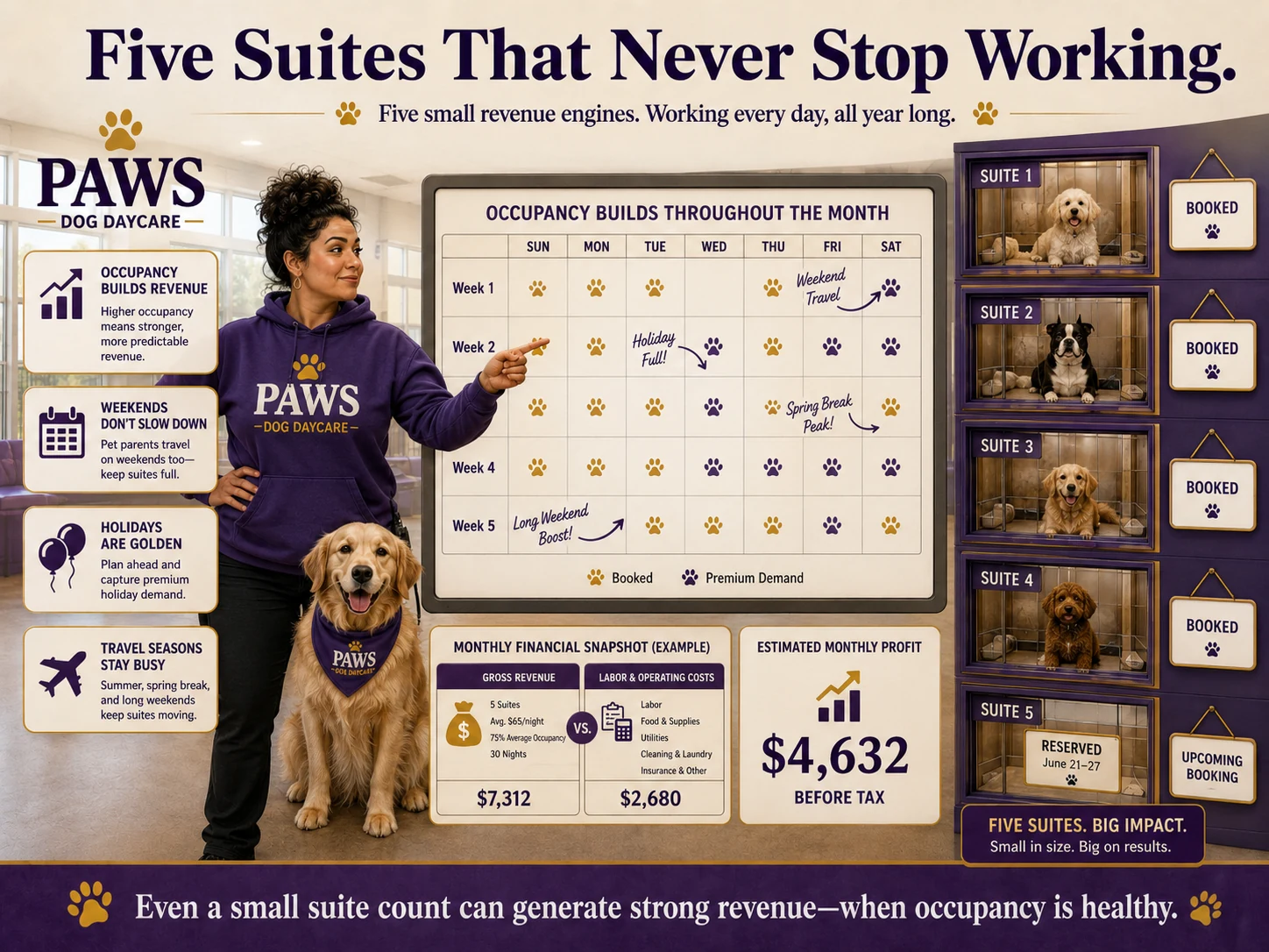 PAWS dog daycare operator reviews five boarding suites, monthly occupancy, and estimated profit to show how a small suite count can generate meaningful boarding revenue.