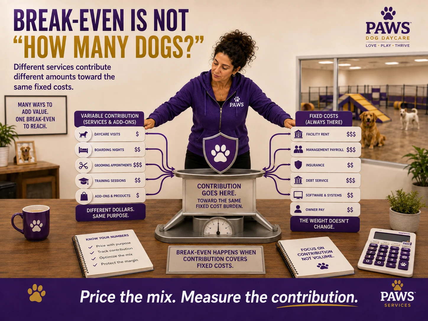 PAWS Lady demonstrates a break-even scale where daycare, boarding, grooming, training, and add-ons contribute different amounts toward fixed costs.