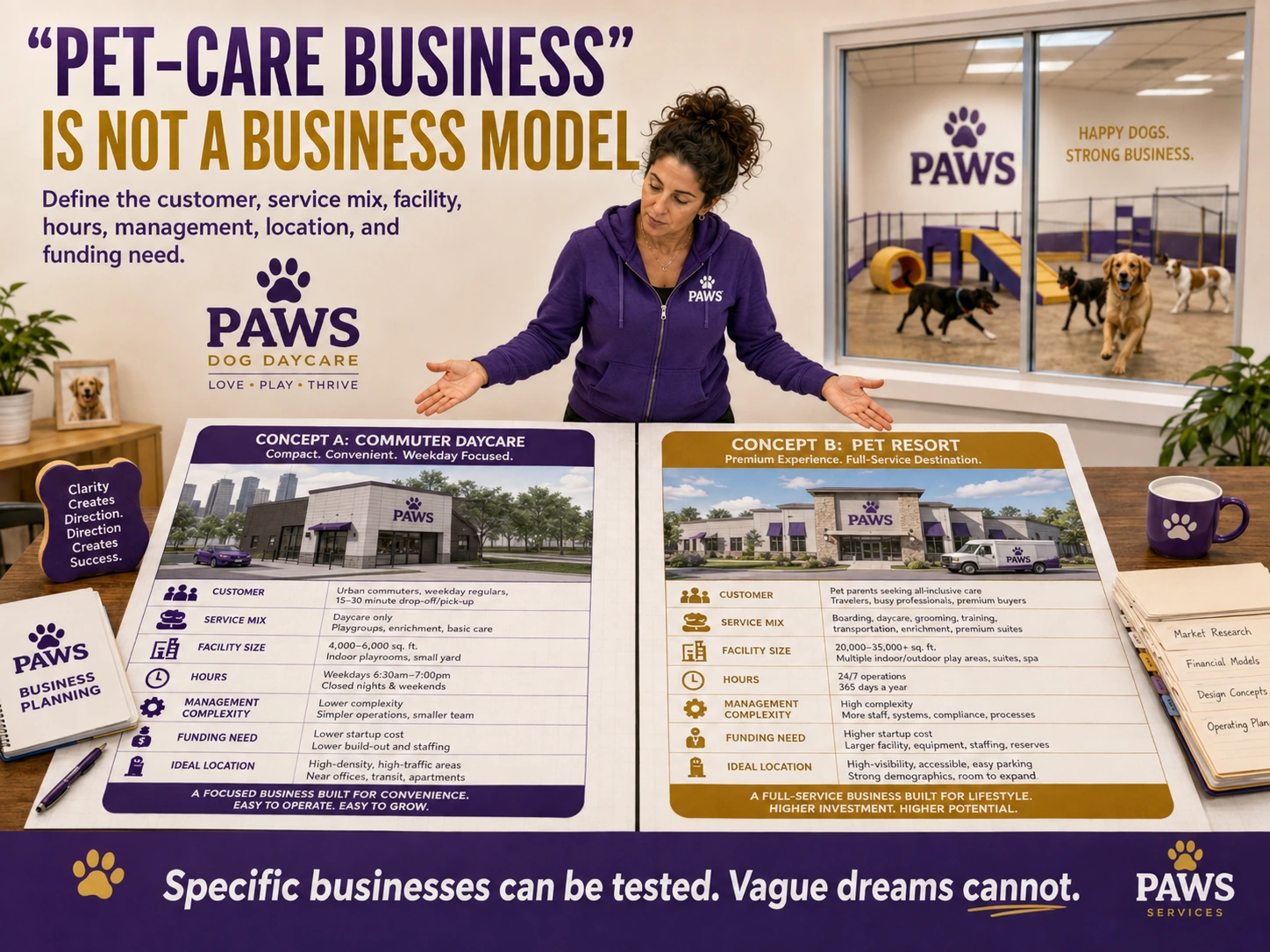 Comparison graphic showing two different dog daycare business concepts instead of one vague pet-care idea