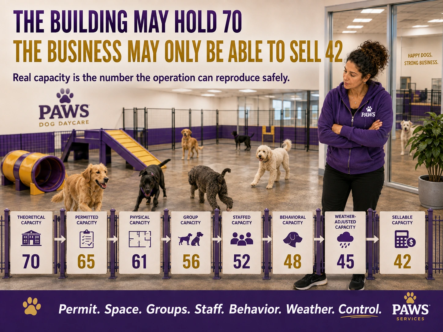 PAWS Dog Daycare capacity-planning image showing how sellable capacity is reduced step by step from theoretical building capacity.