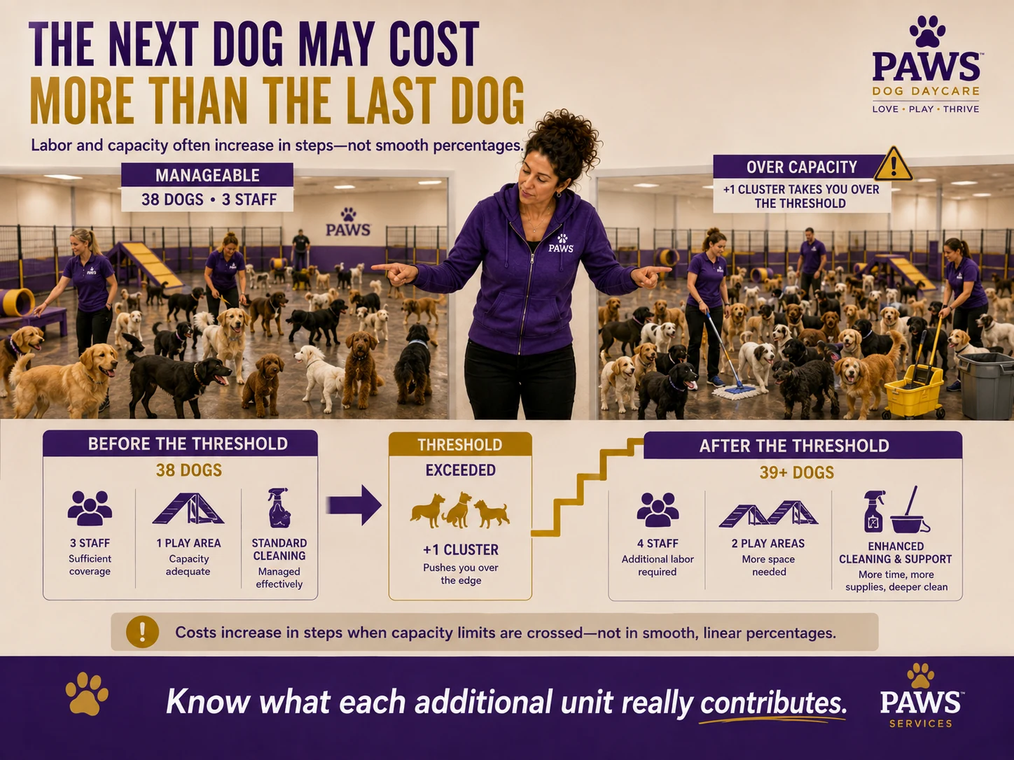 PAWS daycare graphic shows a manageable 38-dog playgroup with three staff crossing a threshold where 39 or more dogs require extra labor, space, and cleaning support.