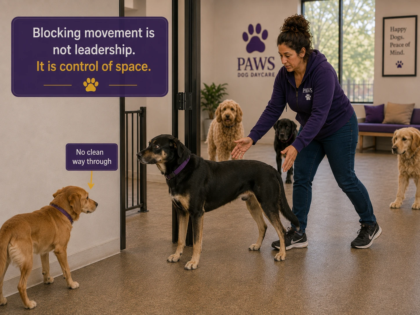 PAWS Lady steps in as a larger black dog blocks a smaller golden dog against a wall and doorway, cutting off a clean path through.