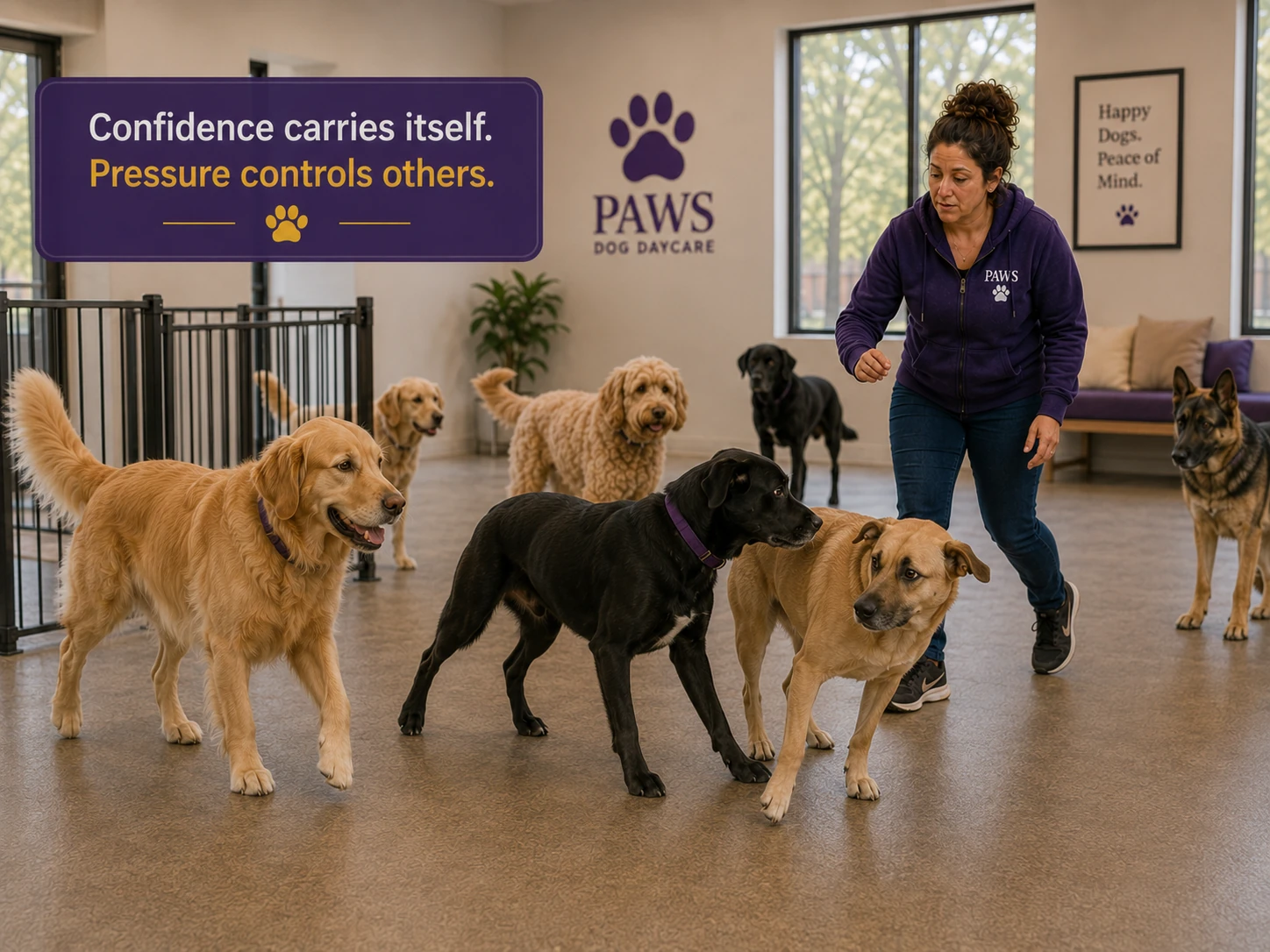 PAWS Lady approaches as a black dog steps into the space of a tan dog while a golden dog nearby remains socially neutral and self-contained.