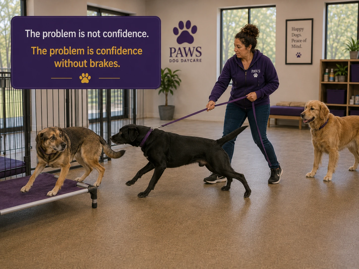 PAWS Lady restrains a forward-driving black dog that continues pressing toward another dog on a raised bed, showing confidence without impulse control.