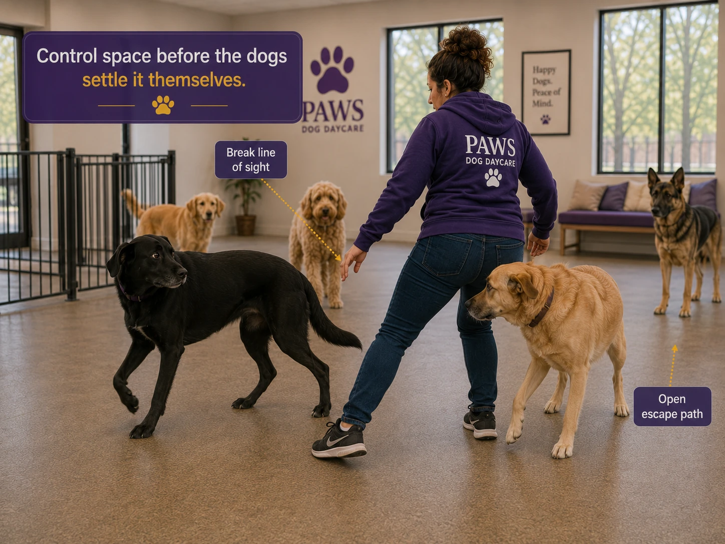 PAWS Lady steps between a black dog and a pale yellow dog to break line of sight and preserve an open escape path in the daycare room.