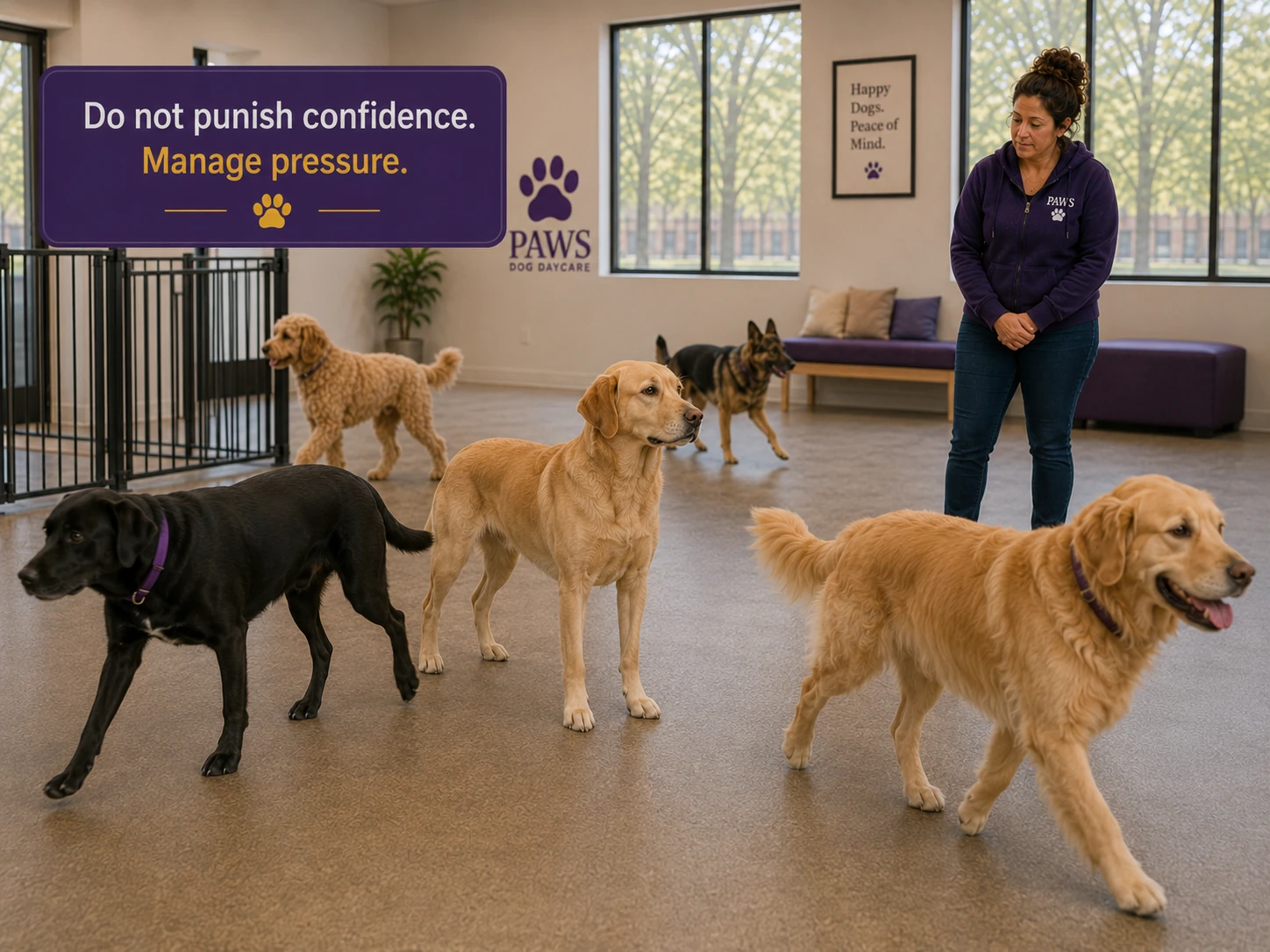PAWS Lady calmly supervises a balanced group of dogs in the daycare room, illustrating that confidence itself is not the problem unless it turns into pressure.