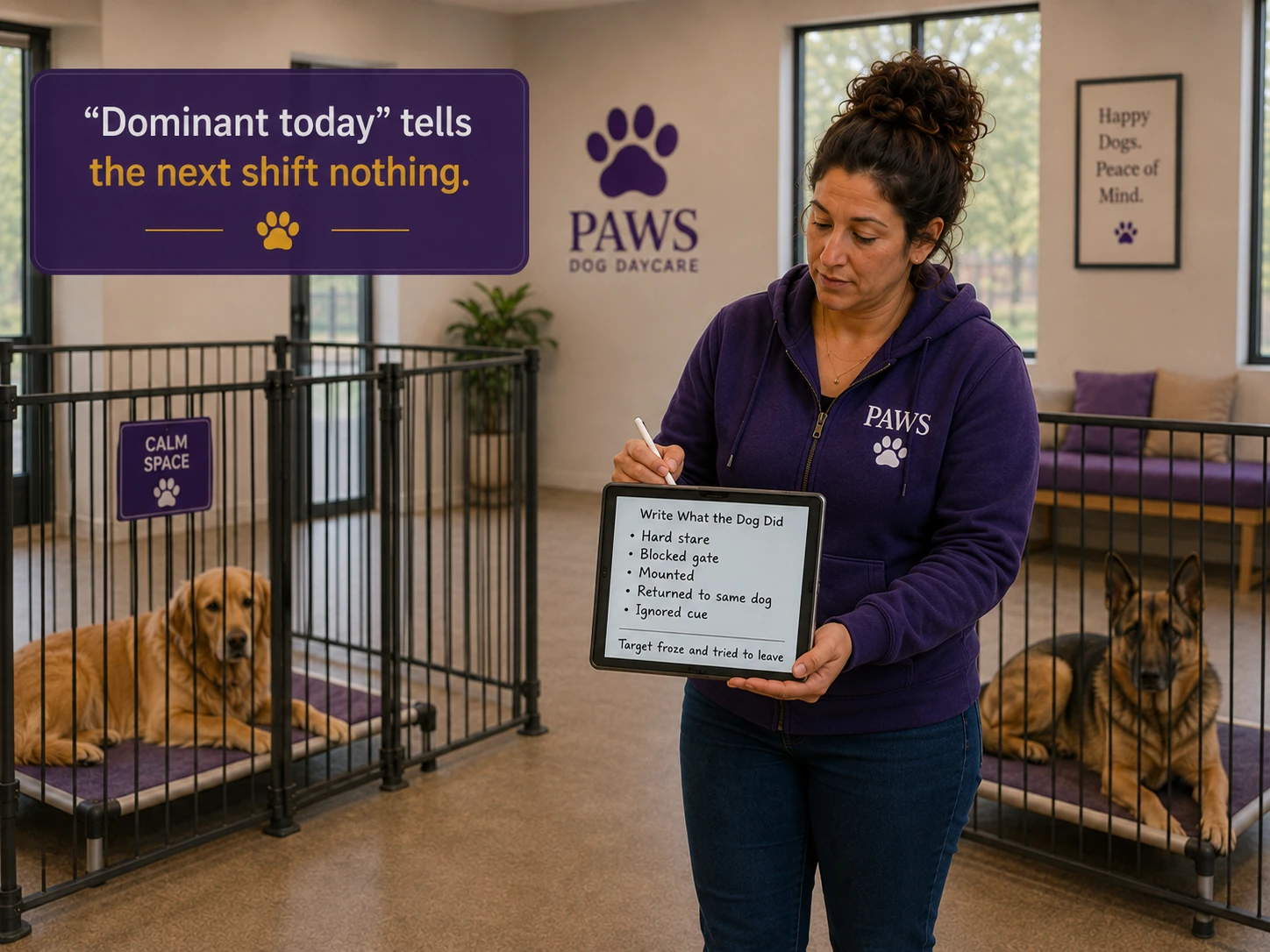 PAWS Lady shows a tablet with factual behavior notes while two dogs rest separately behind daycare fencing.