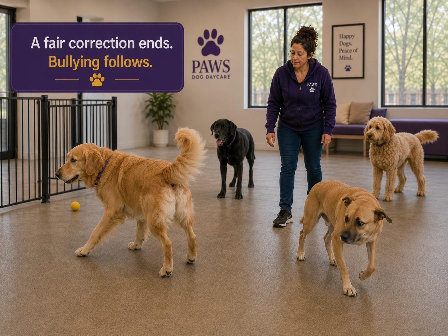 PAWS Lady observes as a confident golden dog moves away while a tan dog leaves the interaction looking pressured, illustrating the difference between a correction and bullying.