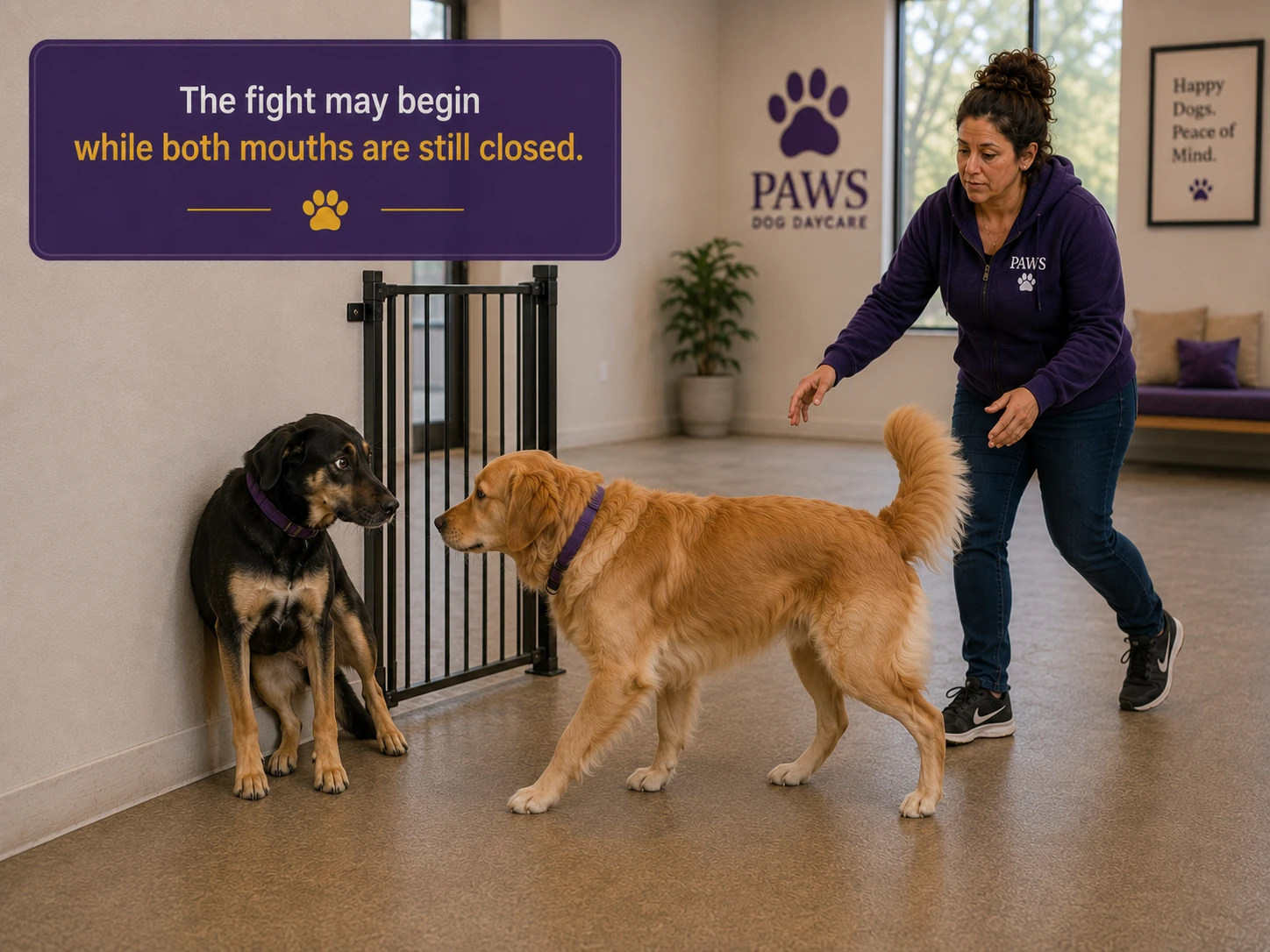 PAWS Lady approaches as a golden dog presses into the space of a black dog pinned near a wall and gate, both dogs still holding closed mouths.