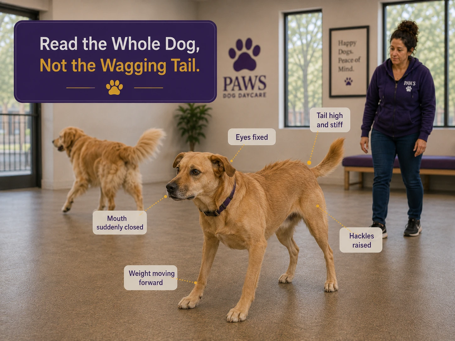 A tan dog stands with fixed eyes, closed mouth, forward weight, raised hackles, and a high stiff tail while the PAWS Lady observes from behind.