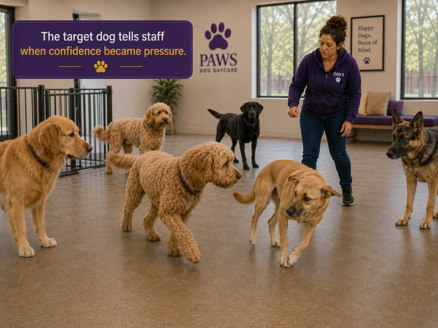 PAWS Lady approaches as a tan dog turns away from a curly-coated dog in the playgroup, showing that the target dog reveals when confidence has become pressure.