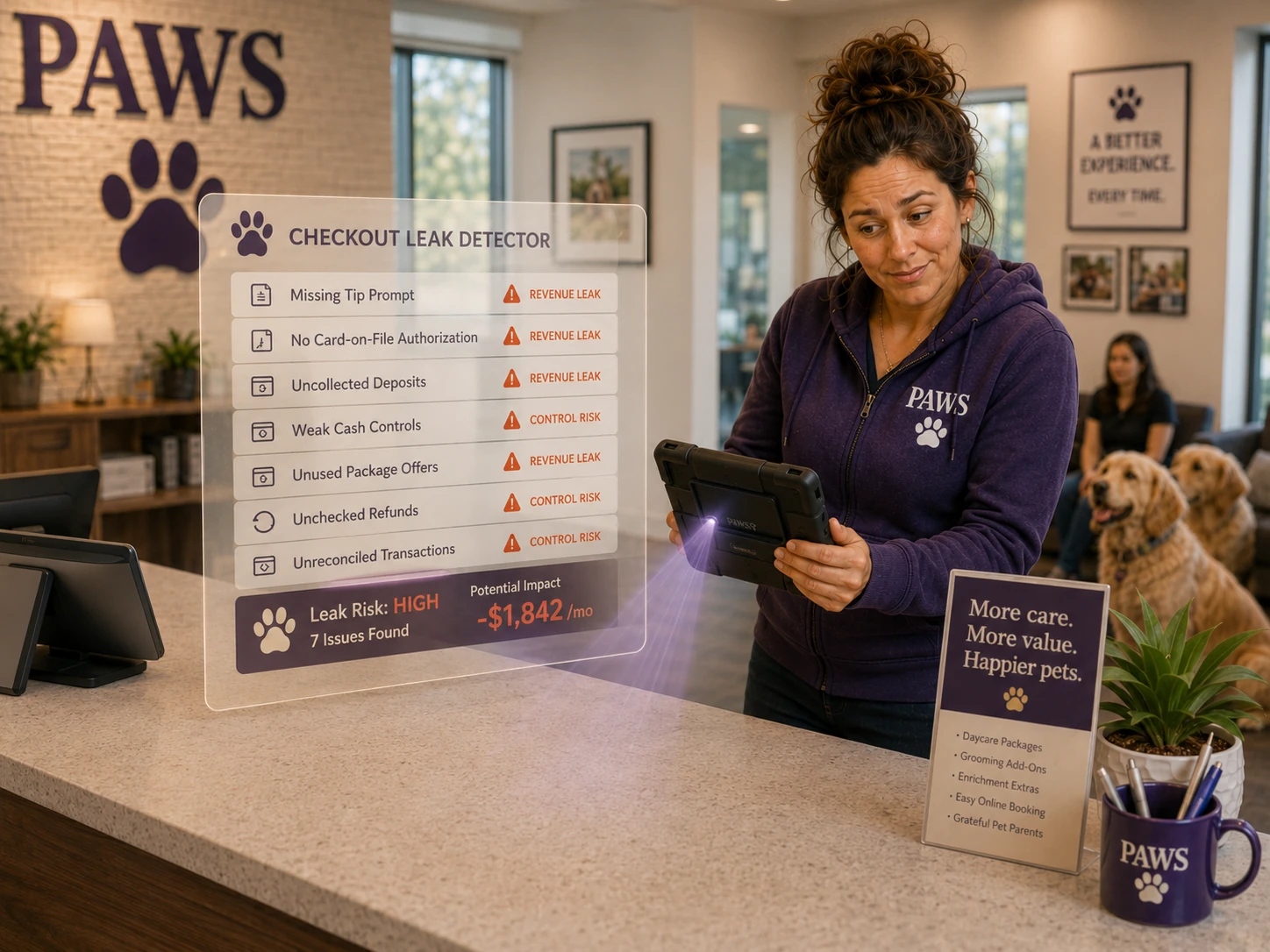 PAWS Lady uses a diagnostic scanner at the checkout counter while a display identifies multiple payment and control leaks.