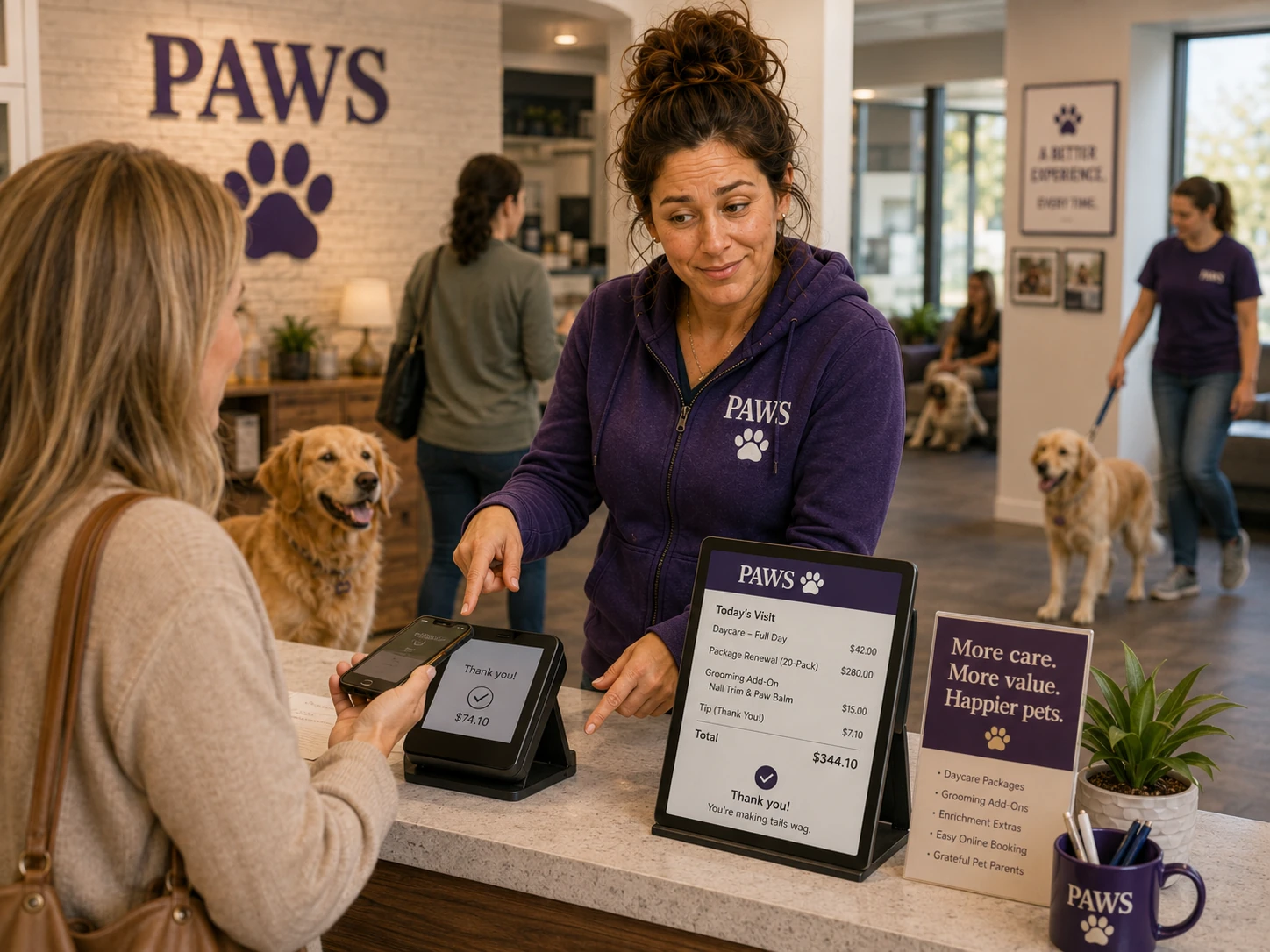 PAWS Lady helps a customer pay by phone at a daycare checkout counter showing service charges, a package renewal, a grooming add-on, and an optional tip.