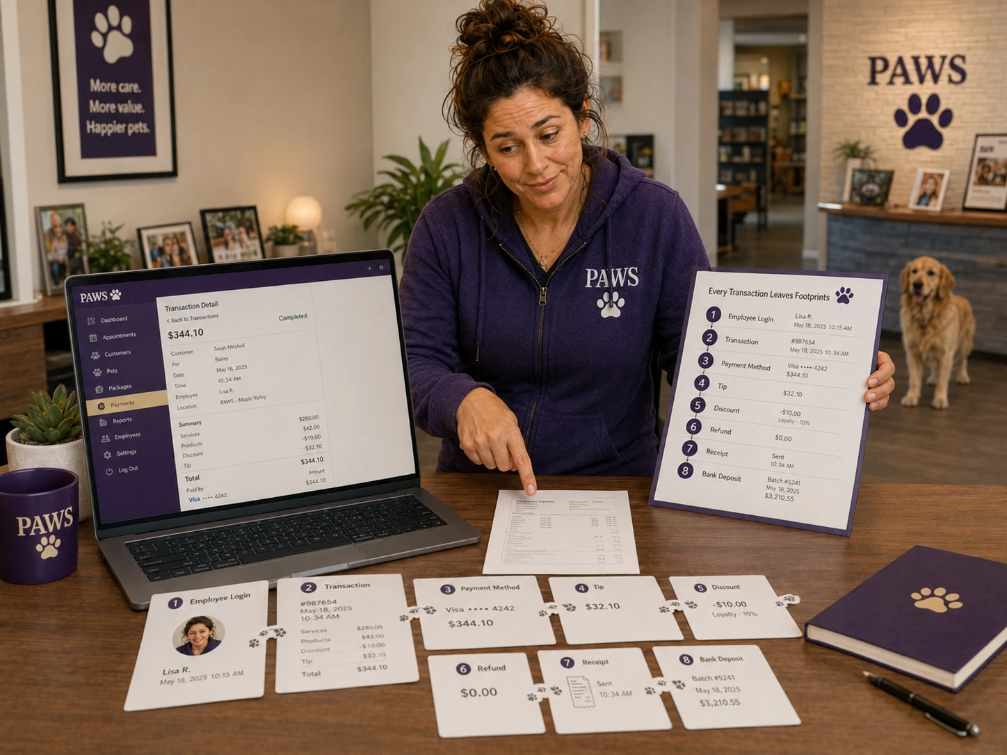PAWS Lady reviews a digital payment dashboard and transaction checklist showing employee login, payment details, tip, receipt, and bank deposit.