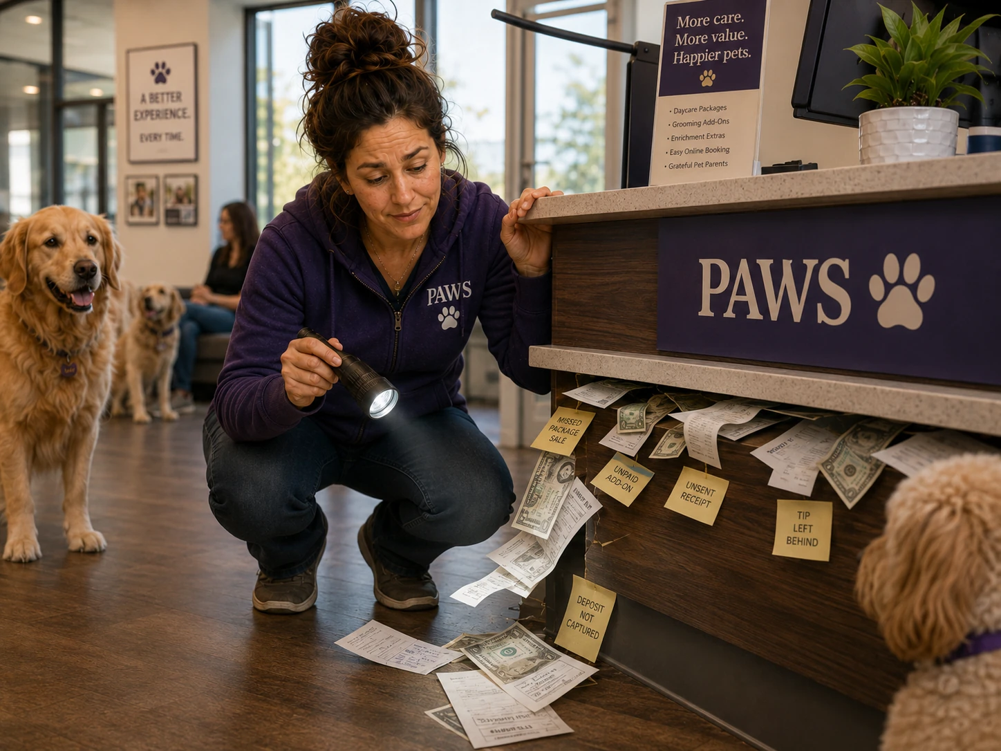 PAWS Lady investigates cash, receipts, and missed payment items leaking from beneath the daycare reception counter.
