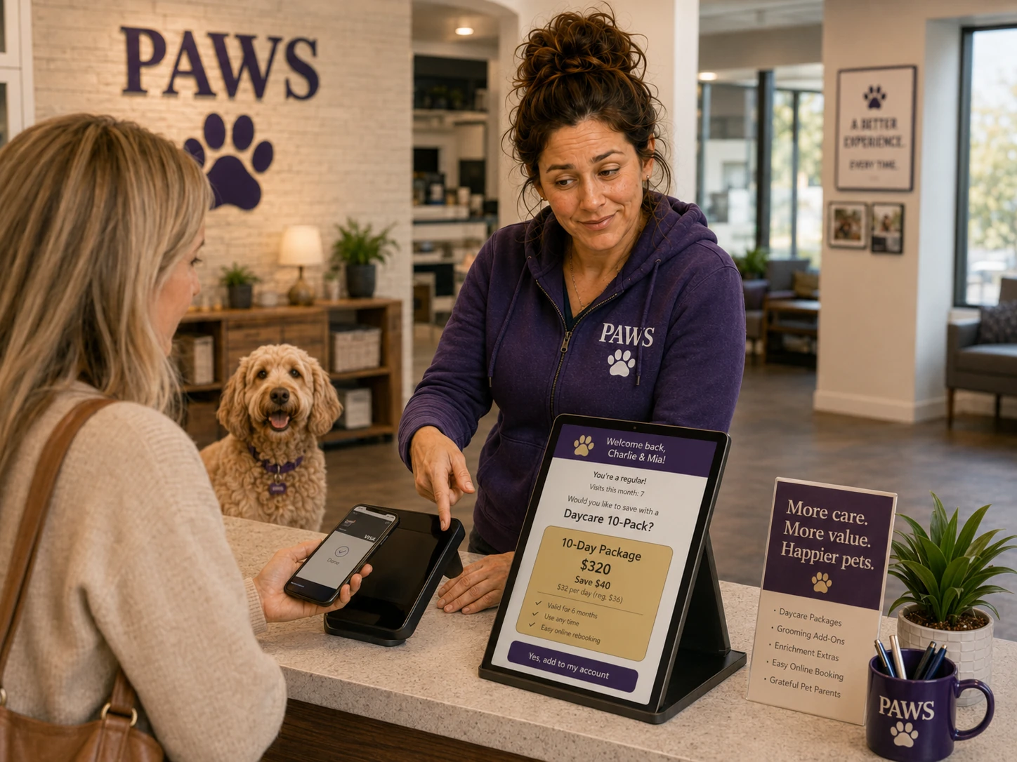 PAWS Lady points to a daycare package offer on the checkout screen while a repeat customer completes payment by phone.