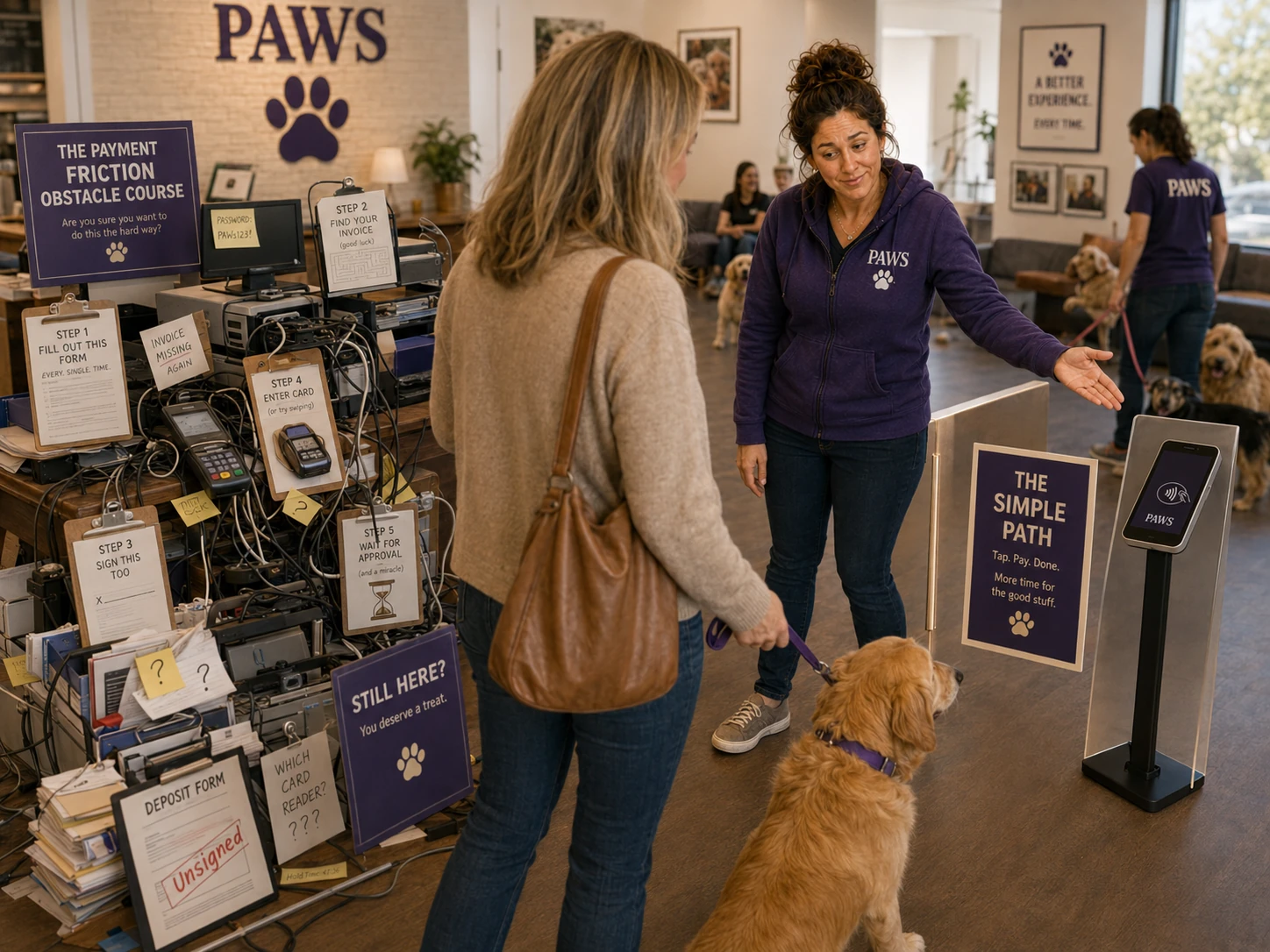PAWS Lady directs a customer away from a cluttered payment obstacle course of forms and outdated equipment toward a simple modern checkout terminal.