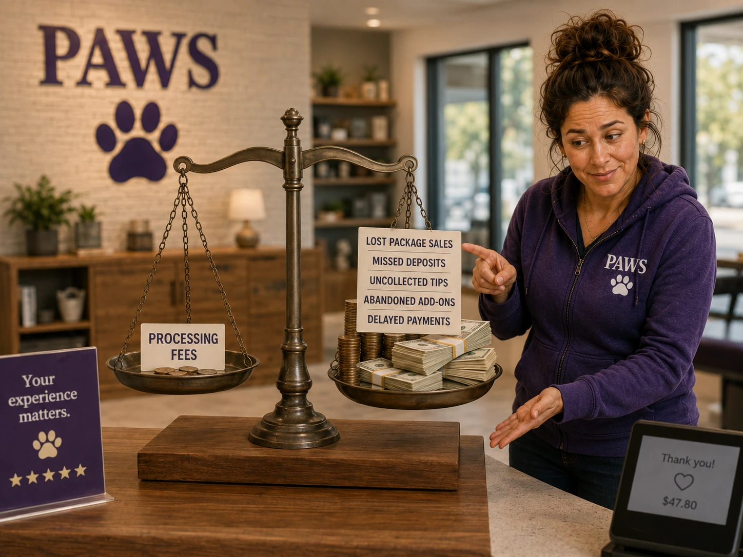 PAWS Lady points to a scale showing small processing fees outweighed by larger losses from missed package sales, deposits, tips, add-ons, and delayed payments.