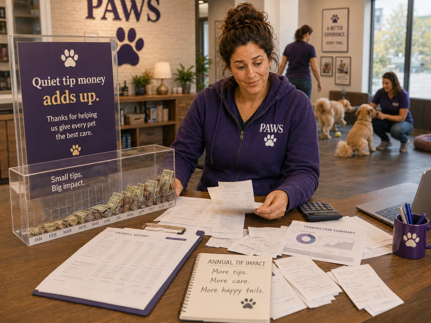 PAWS Lady reviews receipts and payroll reports beside a month-by-month display showing small tips accumulating into meaningful annual income.