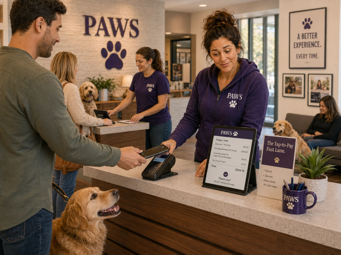 Customer taps a phone at a PAWS checkout terminal while the PAWS Lady runs a fast efficient front desk.