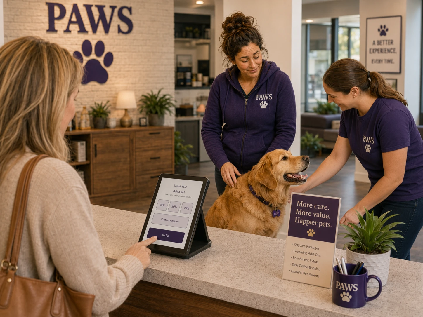 Customer reviews a clean optional tip screen while the PAWS Lady and staff give space and focus on the dog instead of hovering.