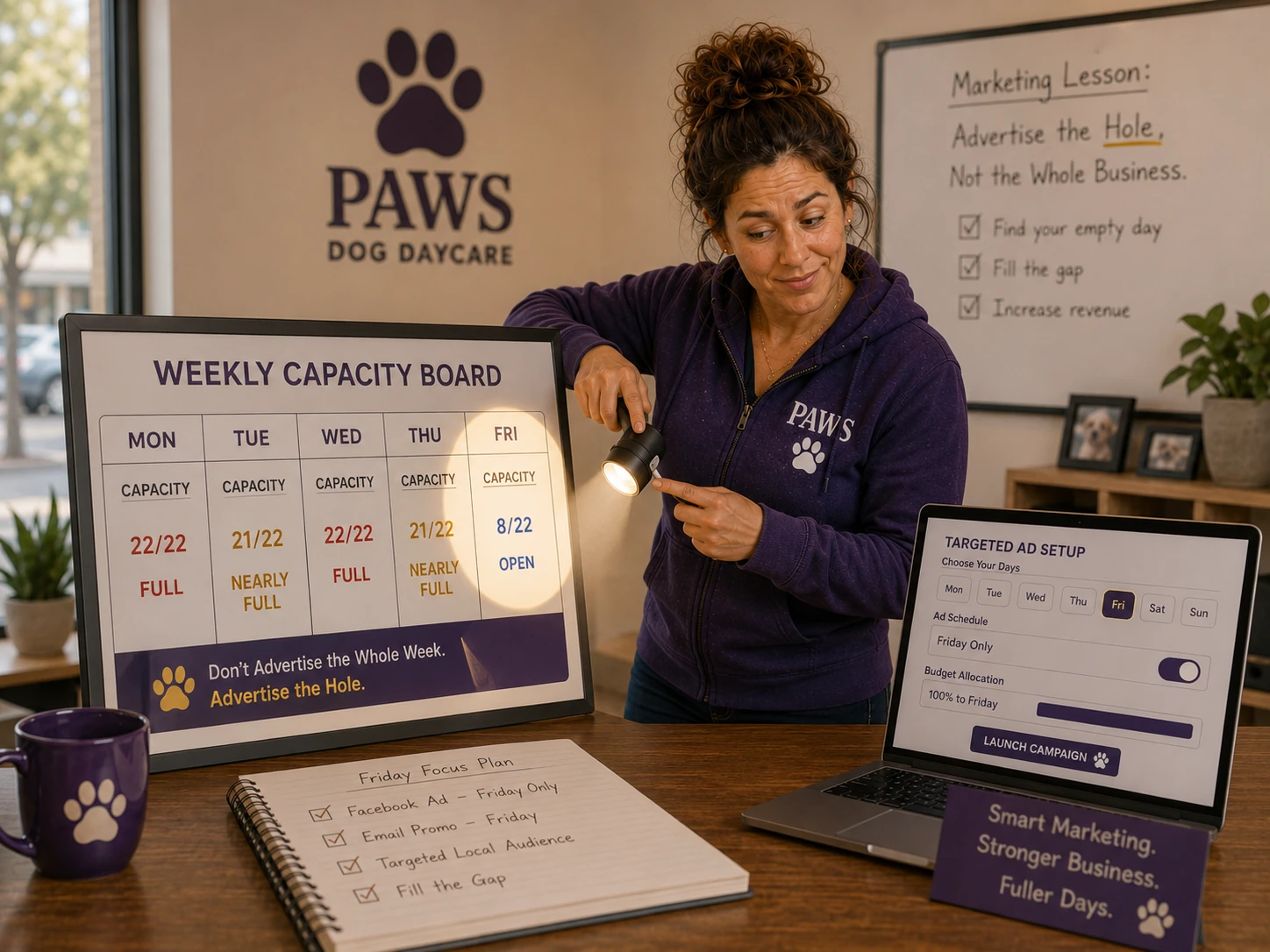 PAWS Lady spotlights an underbooked Friday on a weekly daycare capacity board and targets the advertising campaign only to that open day.