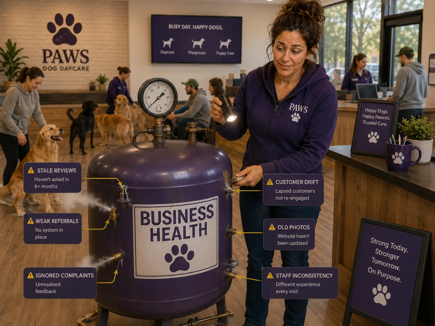 PAWS Lady inspects a business-health pressure tank leaking through stale reviews, weak referrals, ignored complaints, customer drift, old photos, and inconsistent staff experiences.