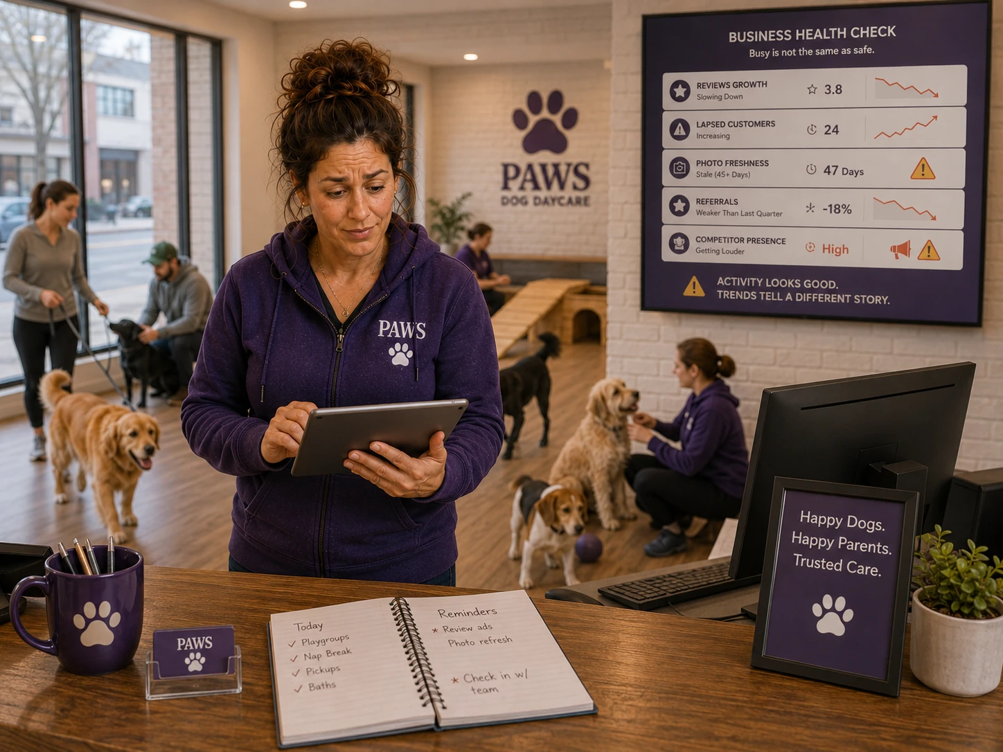 PAWS Lady reviews a business-health dashboard in a busy dog daycare showing slower reviews, rising lapsed customers, stale photos, weaker referrals, and stronger competitor pressure.