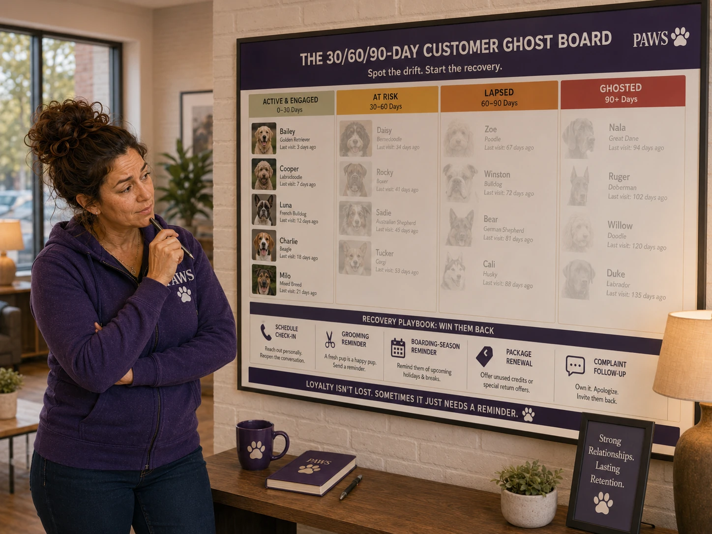 PAWS Lady studies a 30-, 60-, and 90-day customer board showing active, at-risk, lapsed, and ghosted dogs with reactivation steps.