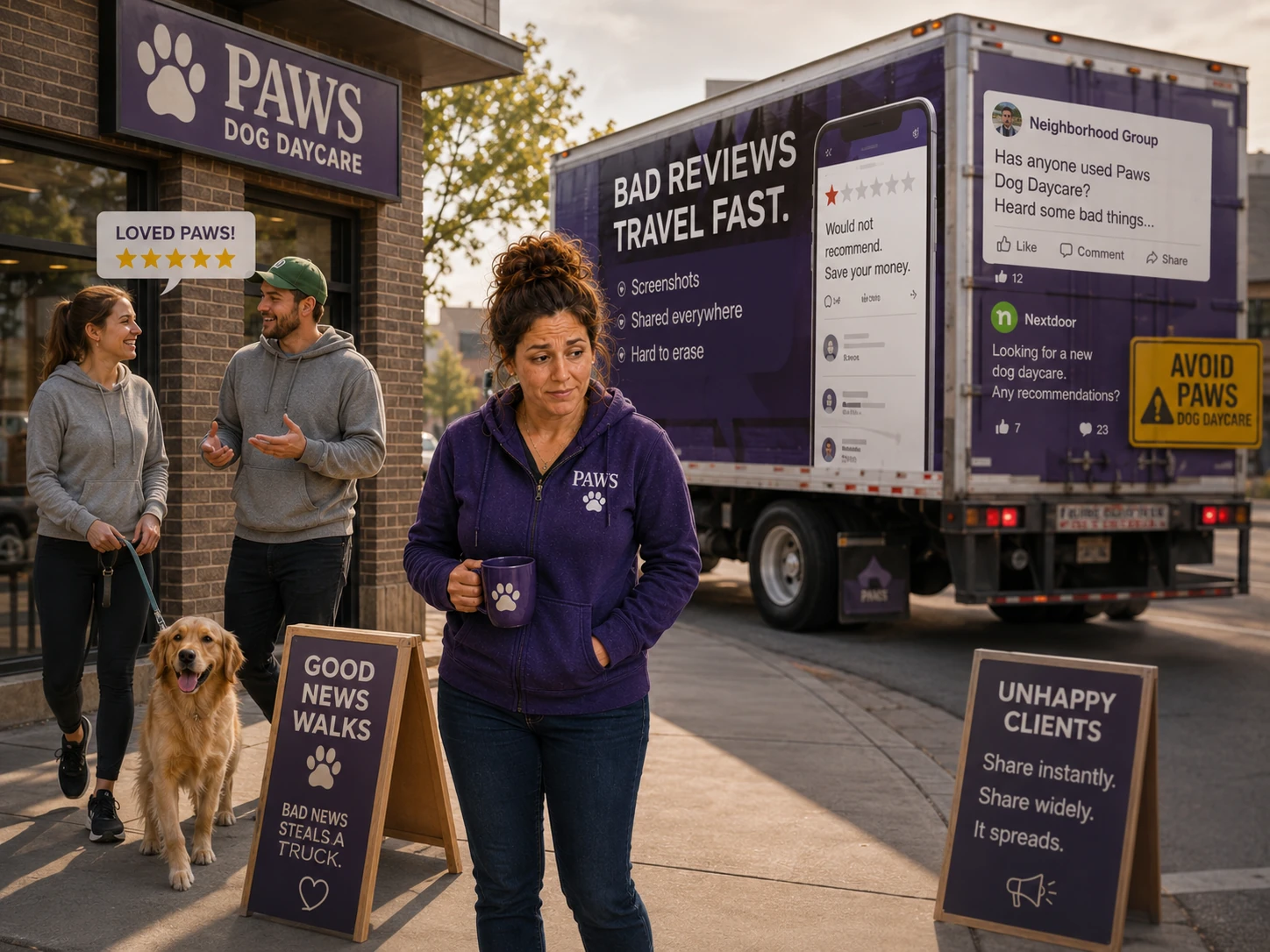 PAWS Lady watches a happy customer share a positive daycare story while a large truck spreads bad reviews, screenshots, and neighborhood warnings.