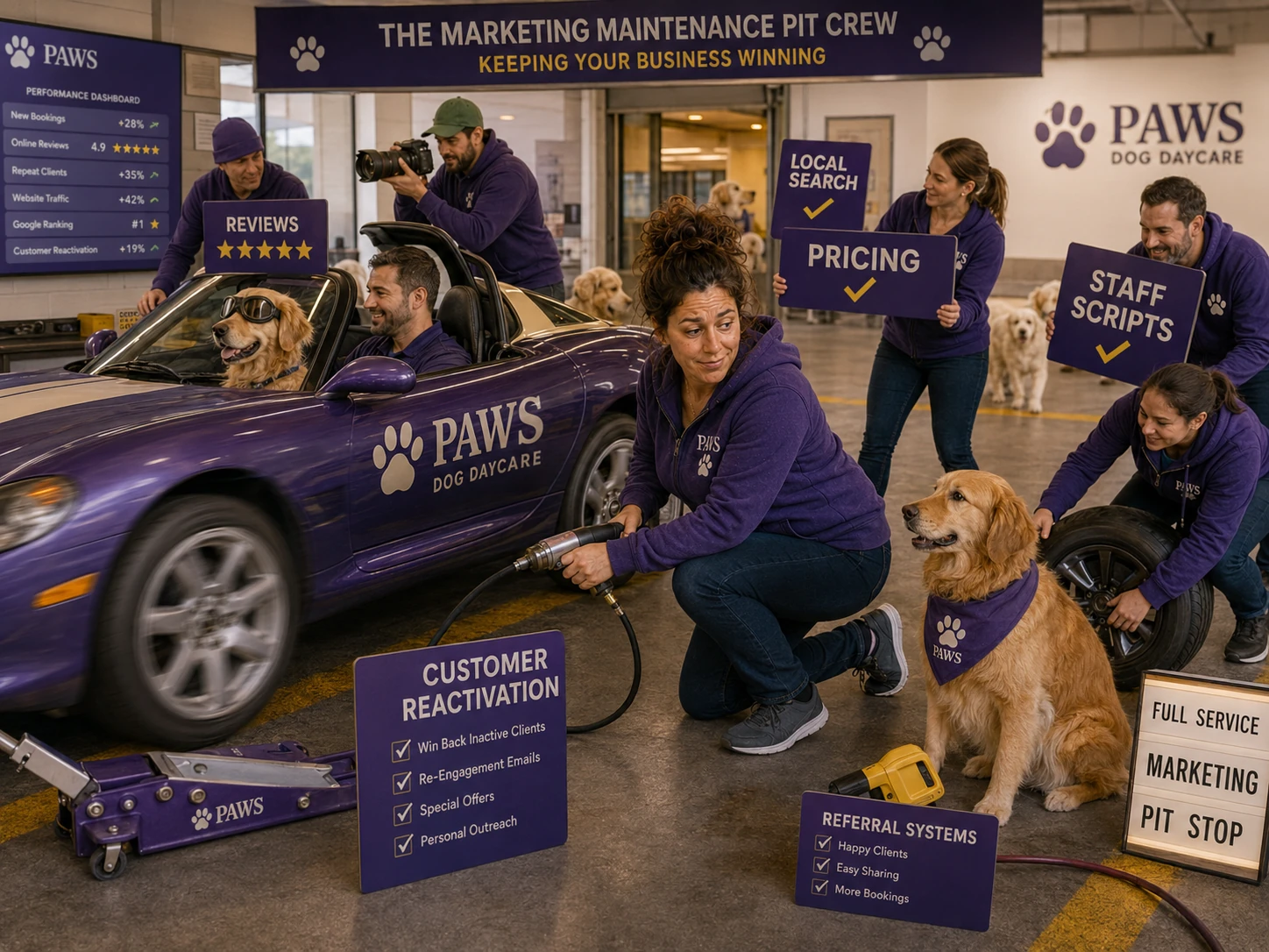 PAWS Lady leads a marketing pit crew maintaining a PAWS race car with reviews, local search, pricing, staff scripts, reactivation, referrals, and performance tracking.